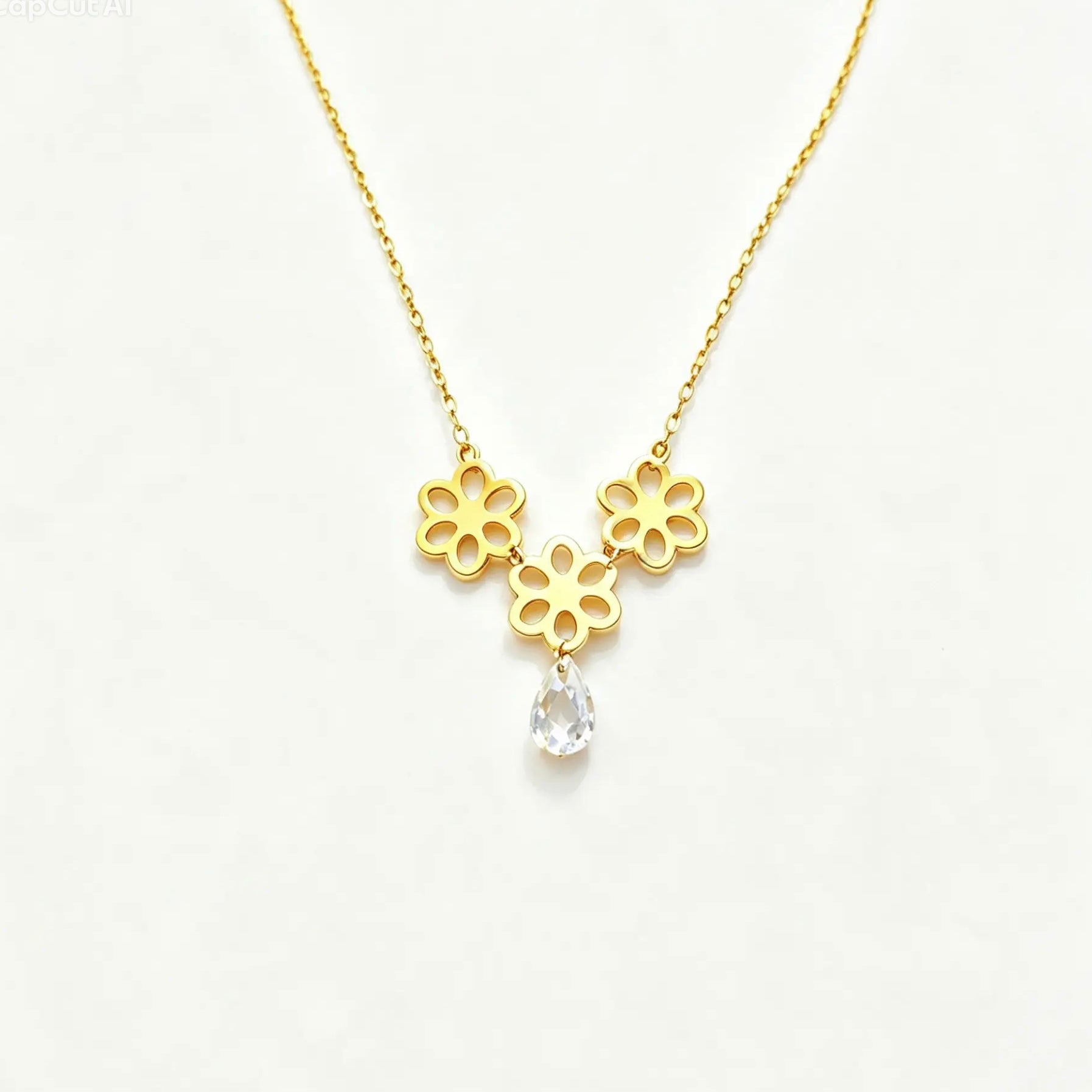 Collier Trois Fleurs & Goutte en Or 18K