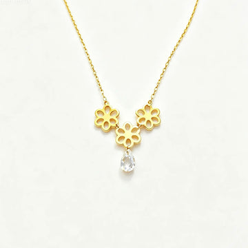 Collier Trois Fleurs & Goutte en Or 18K